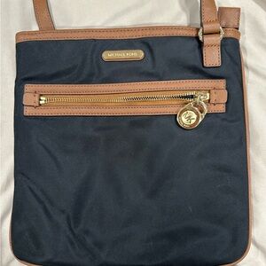 Michael Kors Black Nylon Messenger Bag with Brown Leather Trim